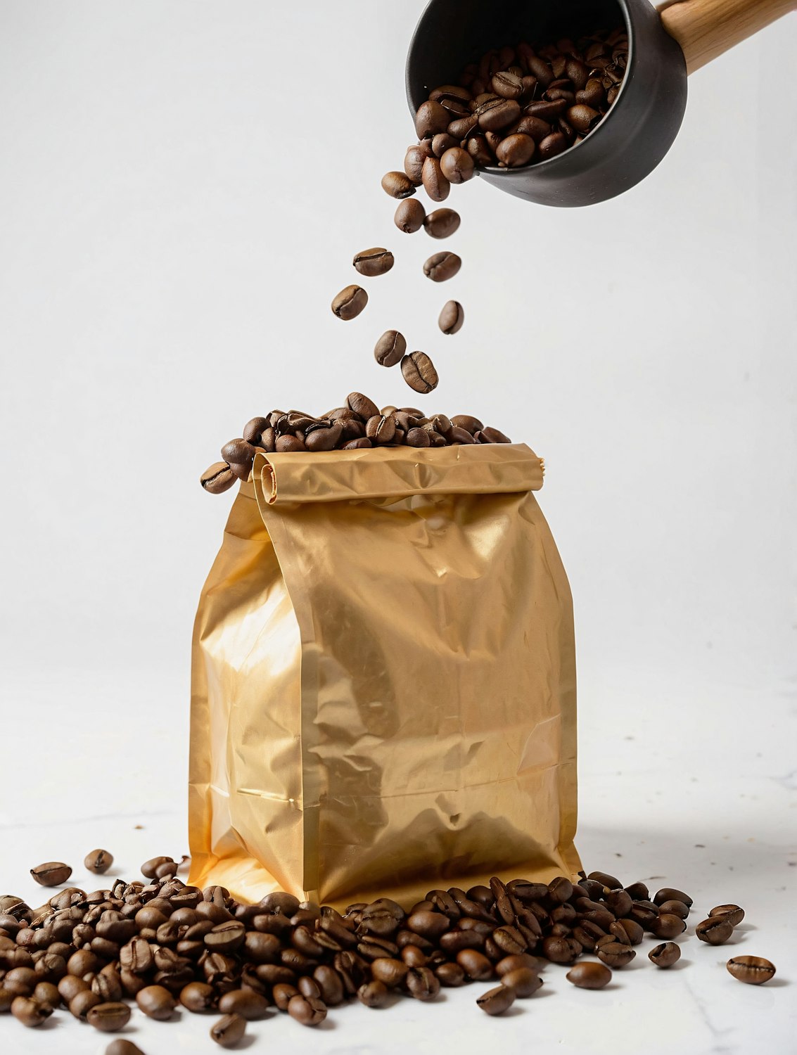 Roasted coffee beans pouring into a golden coffee bag