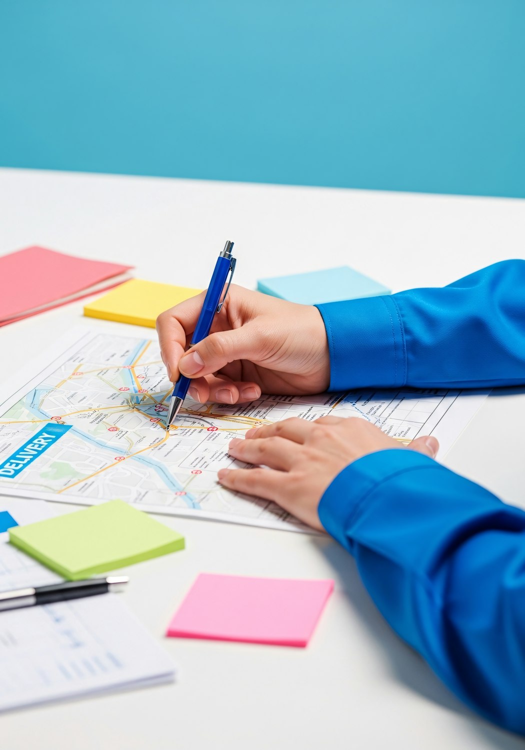 Hand planning a delivery route on a printed map surrounded by sticky notes