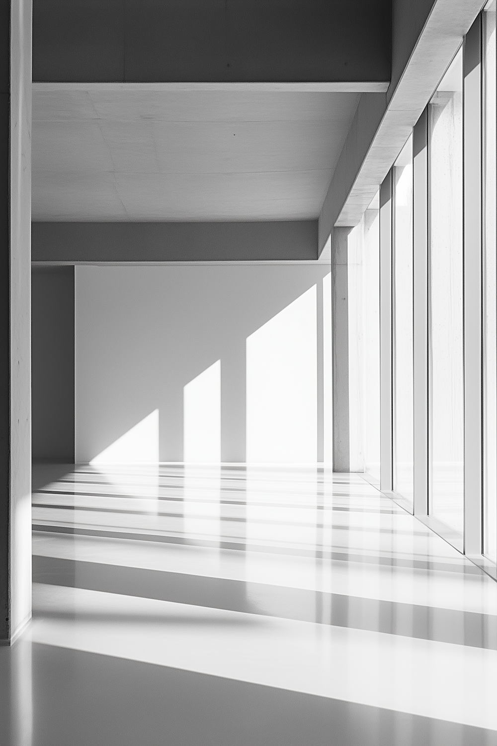Minimal white interior with sunlight casting long shadows across the floor